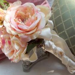 Victorian, Shabby Chic Bridal bouquet of Cabbage Roses in pink, blush and bone, with a pendant and pearl picks