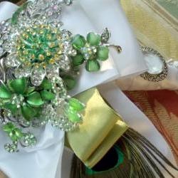  Apple green brooch bouquet with Peacock feather decor and pendant centerpiece