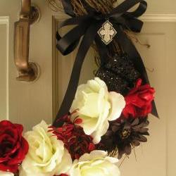 Gothic Inspired Wedding Wreath or Home Decor, Black, Red, White with rhinestone pendant decoration, 18 inches